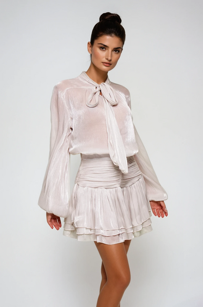 Bayleigh Lace Up Ruch Mesh Skirt Set In Sliver