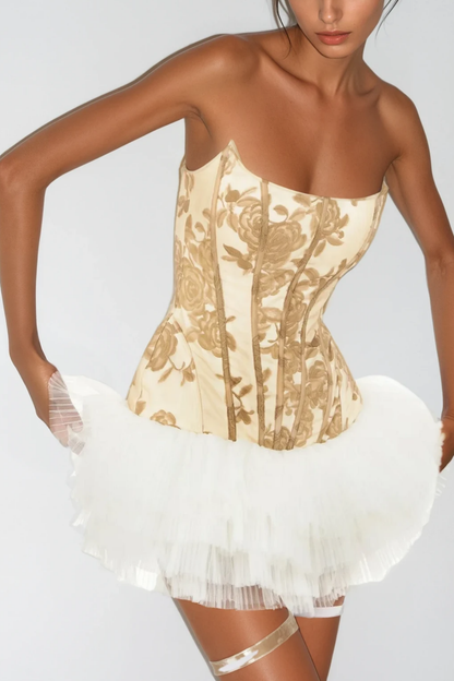 Beda Strapless Floral Mesh Ruch Mini Dress In Yellow