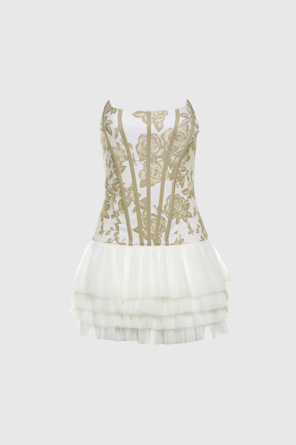 Beda Strapless Floral Mesh Ruch Mini Dress In Yellow