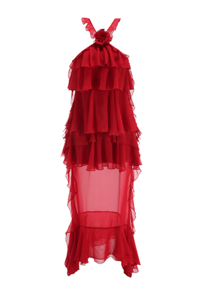 Bedelia Floral Halter Chiffon Ruffle Midi Dress