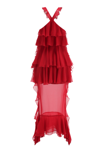 Bedelia Floral Halter Chiffon Ruffle Midi Dress