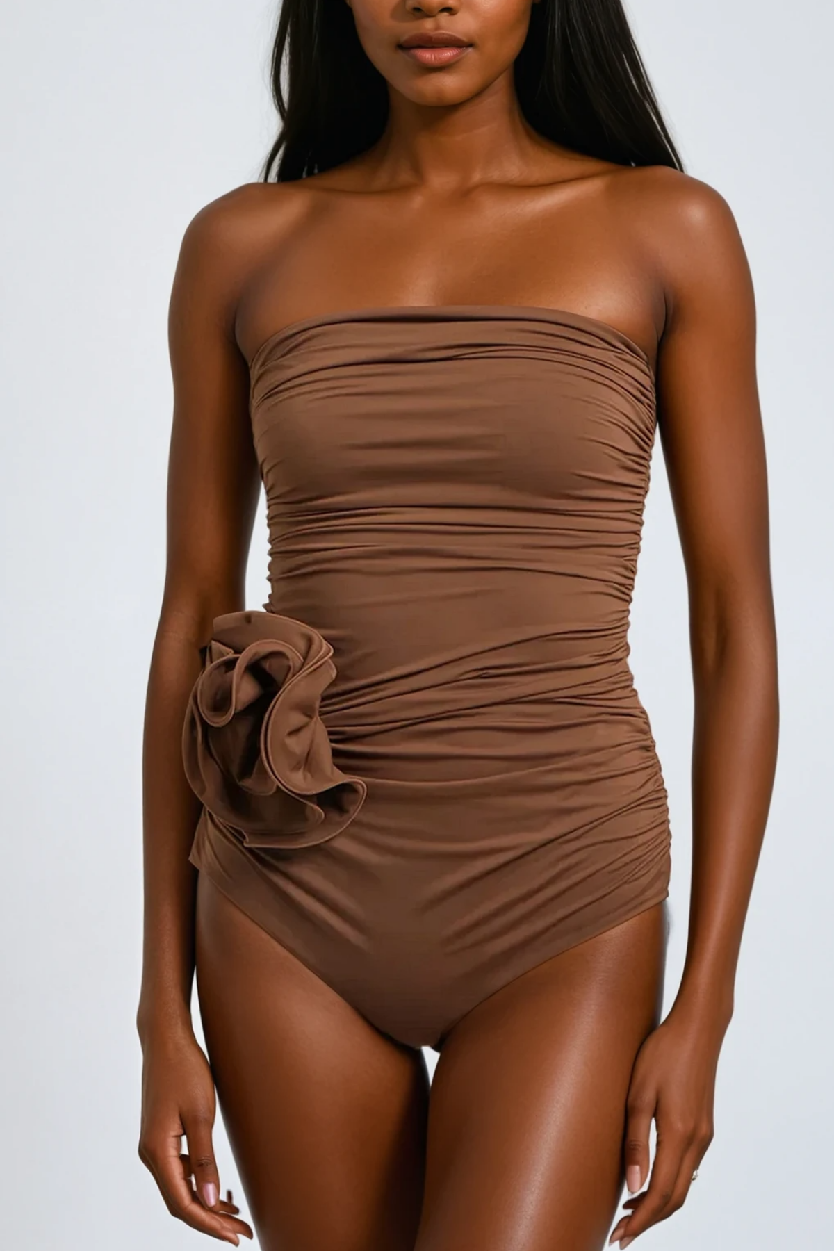 nancy Ruched Flower One Piece Swimsuit In Mocha Mousse