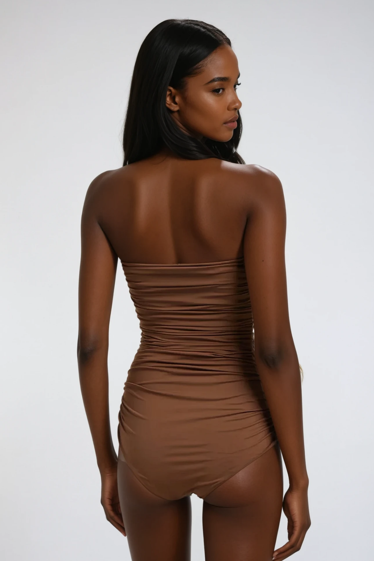nancy Ruched Flower One Piece Swimsuit In Mocha Mousse