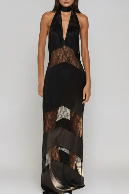 Clora Satin Halter Lace Maxi Dress - Black