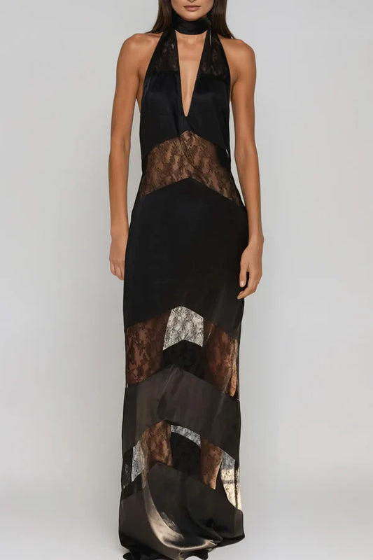 Clora Satin Halter Lace Maxi Dress - Black