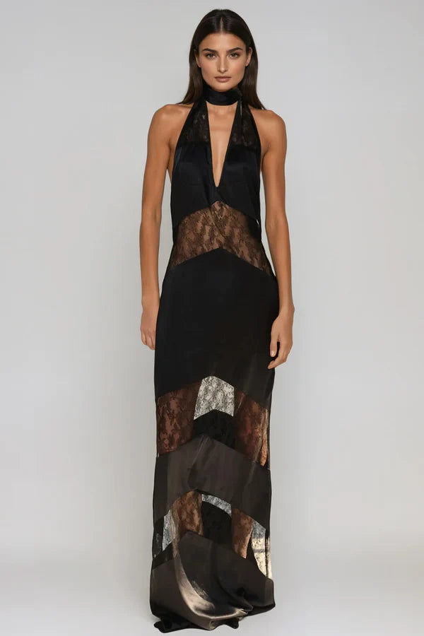 Clora Satin Halter Lace Maxi Dress - Black