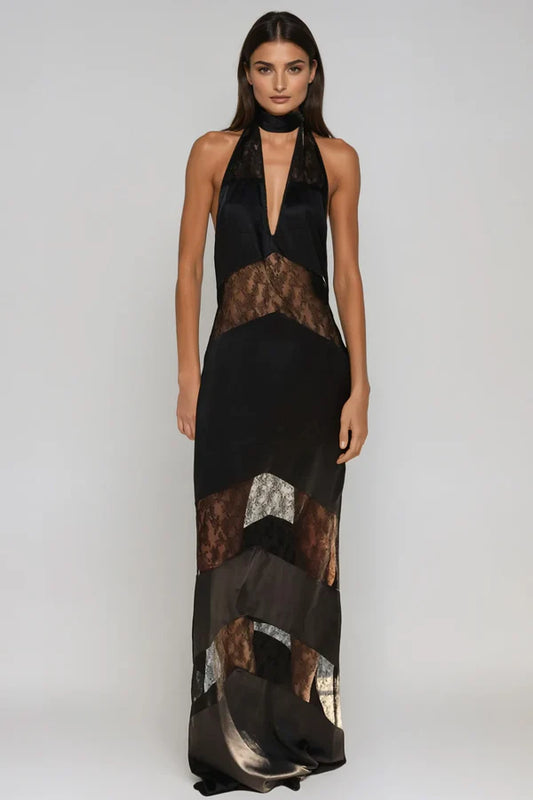 Clora Satin Halter Lace Maxi Dress - Black
