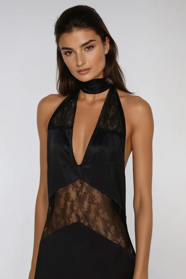 Clora Satin Halter Lace Maxi Dress - Black