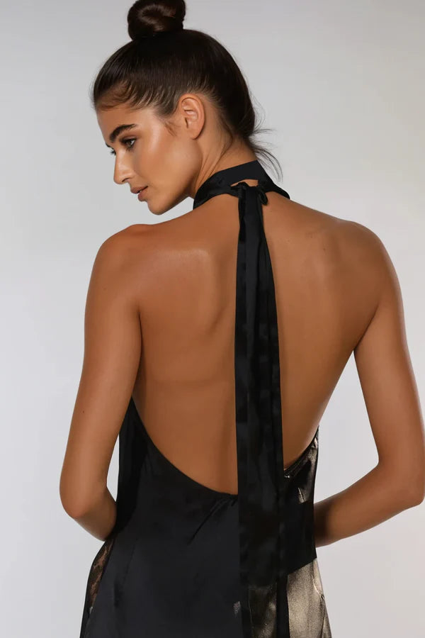 Clora Satin Halter Lace Maxi Dress - Black