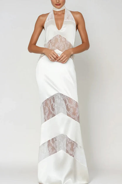 Clora Satin Halter Lace Maxi Dress - White