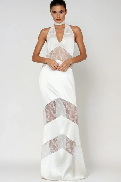 Clora Satin Halter Lace Maxi Dress - White
