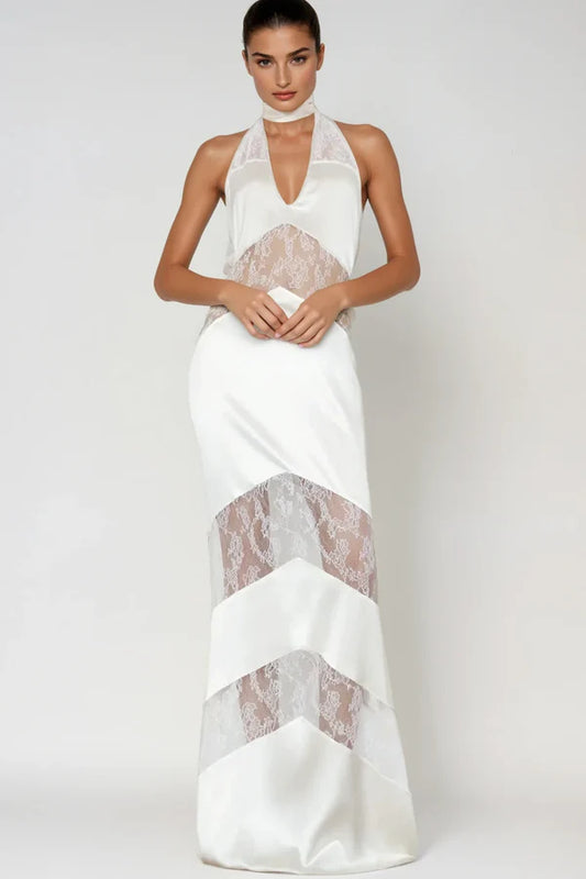 Clora Satin Halter Lace Maxi Dress - White