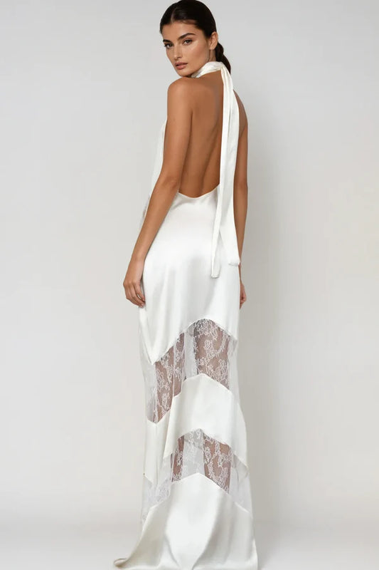 Clora Satin Halter Lace Maxi Dress - White