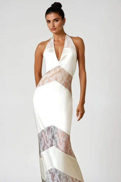 Clora Satin Halter Lace Maxi Dress - White