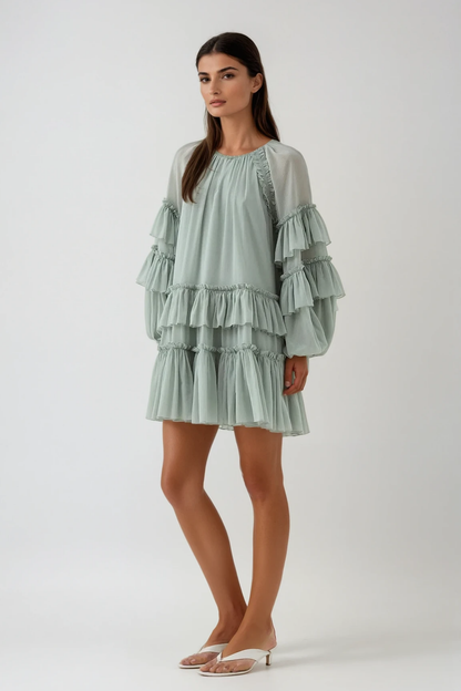 freda Balloon Sleeve Mesh Ruch Ruffle Mini Dress in green