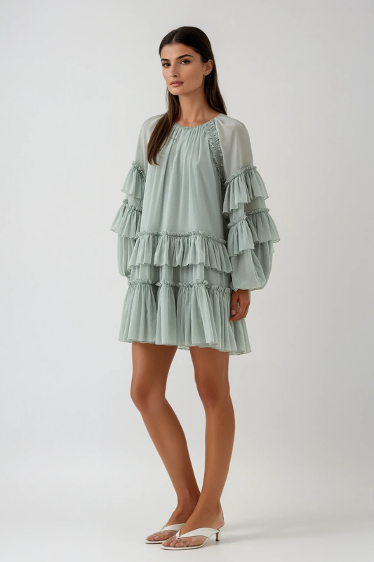 freda Balloon Sleeve Mesh Ruch Ruffle Mini Dress in green