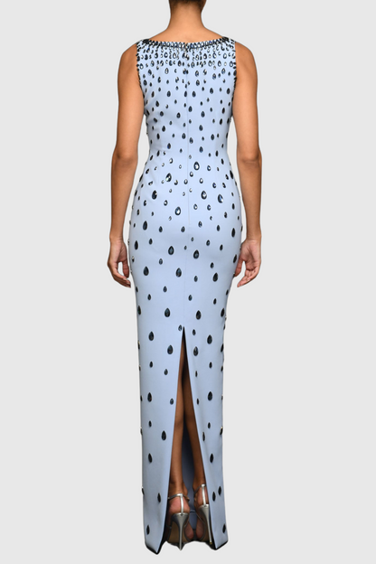 Crepe Raindrops Embroidery Maxi Dress In Blue