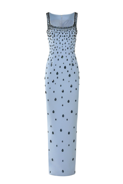 Crepe Raindrops Embroidery Maxi Dress In Blue