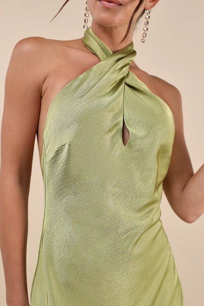 Beyond Classy Chartreuse Satin Halter Midi Dress