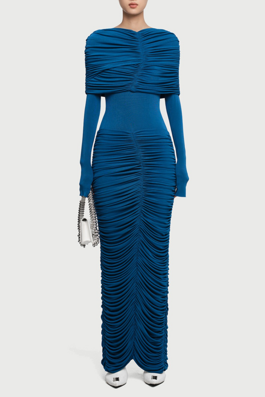 alice navy pleated Form-fitting maxi dress with asymmetrical draped shoulder