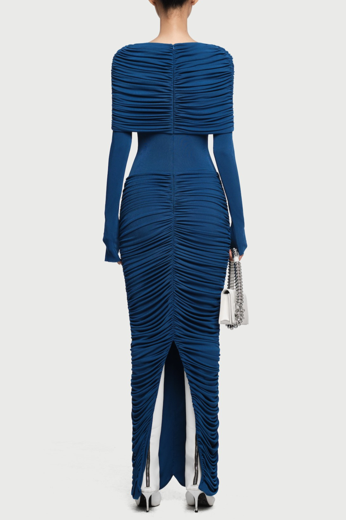 alice navy pleated Form-fitting maxi dress with asymmetrical draped shoulder