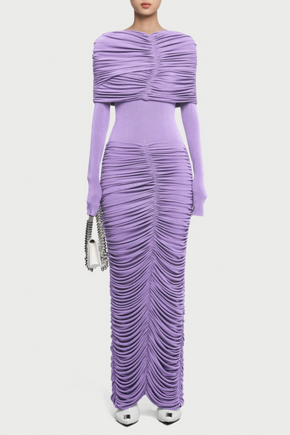 alice purple pleated Form-fitting maxi dress with asymmetrical draped shoulder