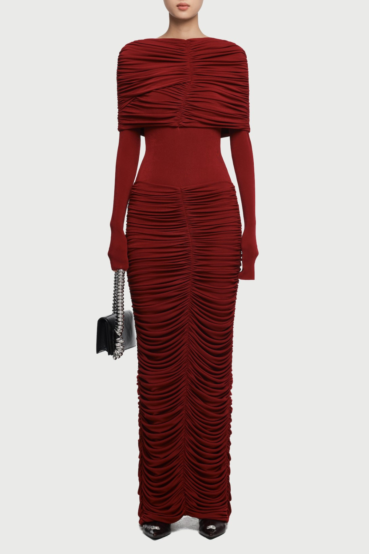 alice red pleated Form-fitting maxi dress with asymmetrical draped shoulder