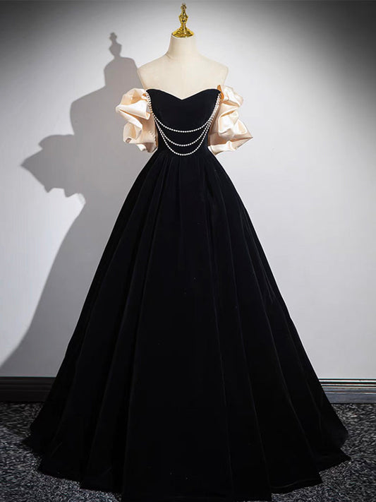 A-Line Black Velvet Long Prom Dress