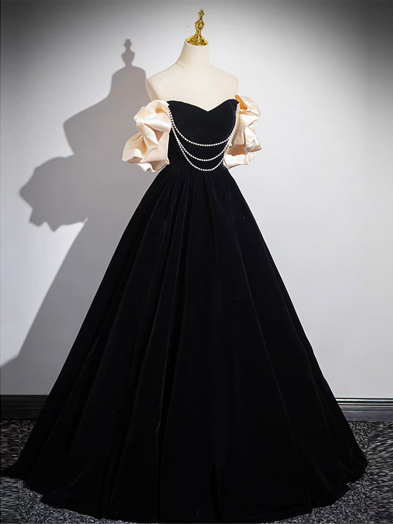 A-Line Black Velvet Long Prom Dress