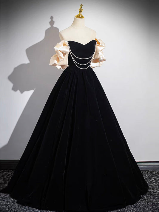 A-Line Black Velvet Long Prom Dress