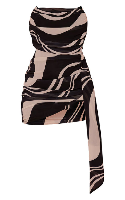 Black Swirl Print Draped Chiffon Bandeau Bodycon mini Dress