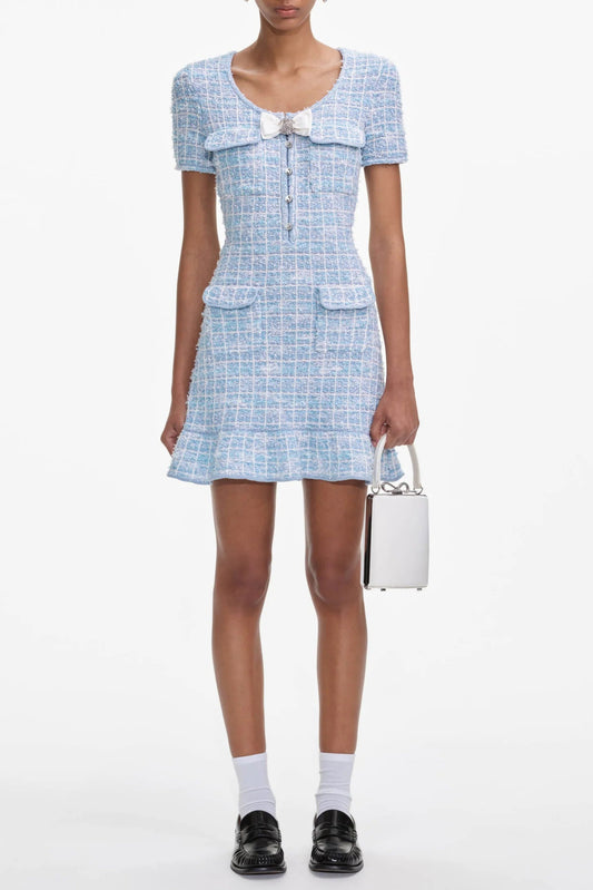 Blue Check Knit Mini Dress