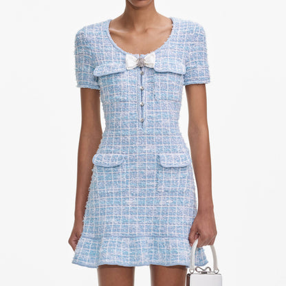 Blue Check Knit Mini Dress