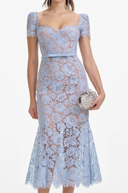Blue Fine Lace Midi Dress