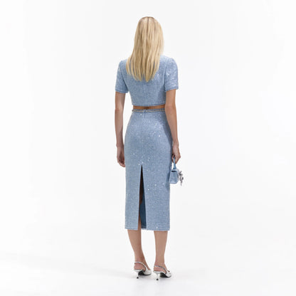 BLUE SEQUIN BOUCLE CROP TOP