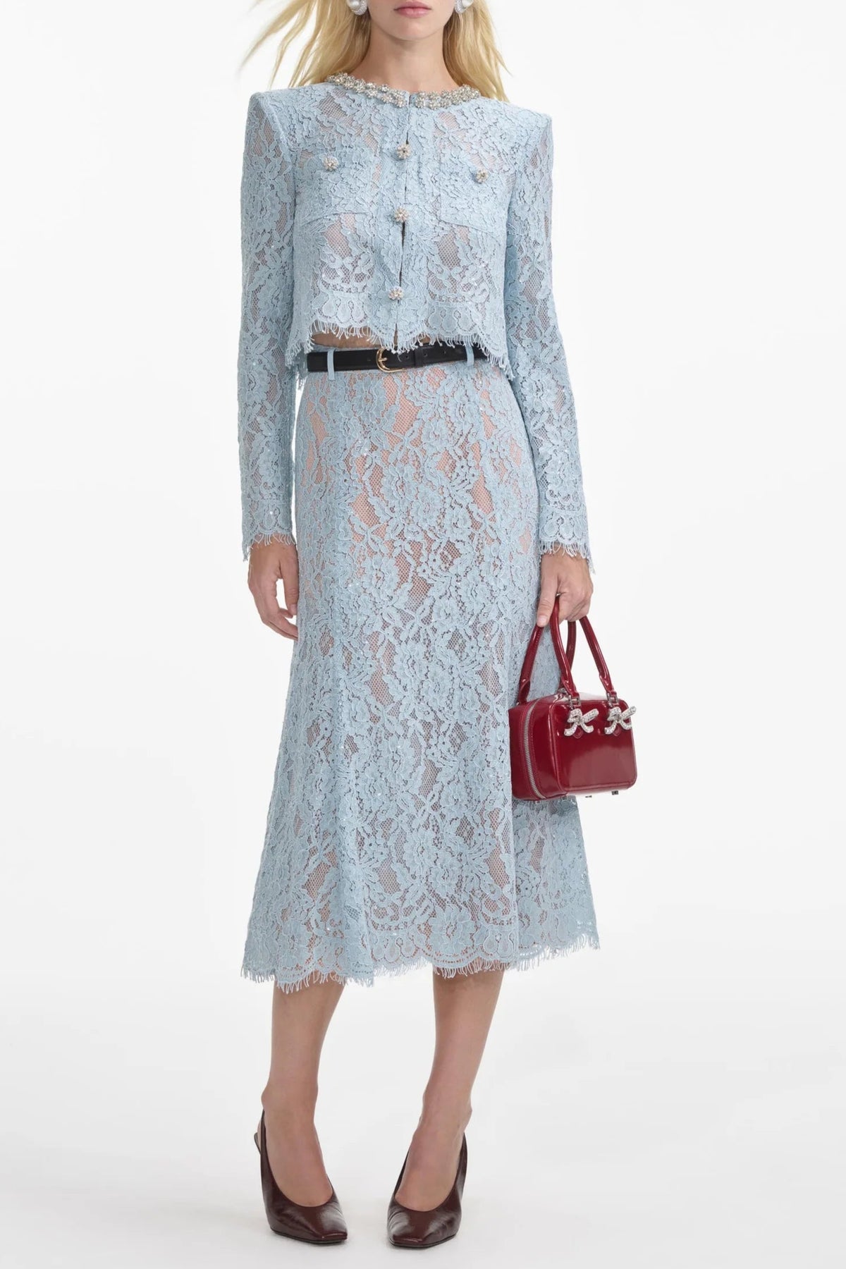 carol lace flared midi skirt in blue