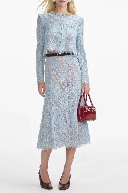 carol lace flared midi skirt in blue