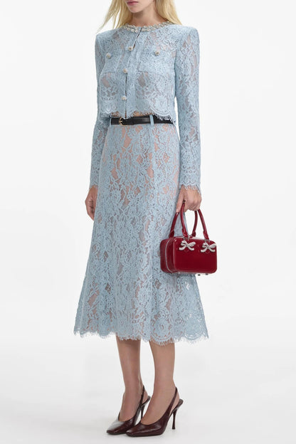 carol lace flared midi skirt in blue