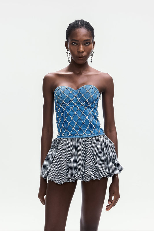 jacqueline Crystal Embellished Strapless Denim Top in blue