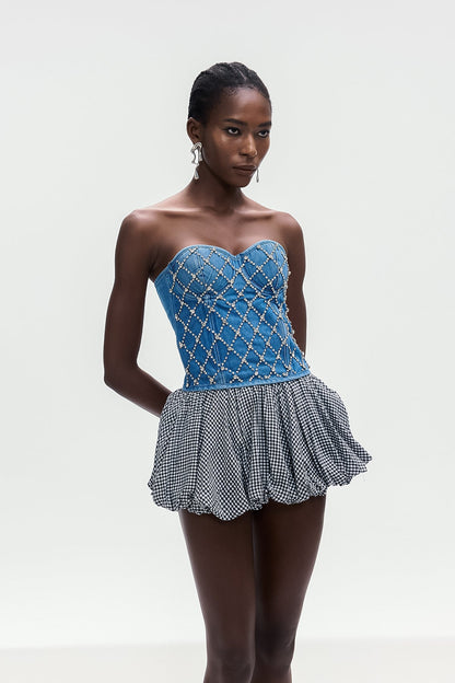 jacqueline Crystal Embellished Strapless Denim Top in blue