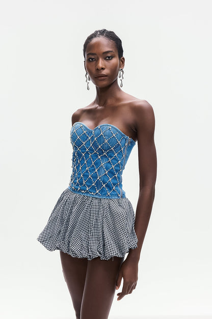 jacqueline Crystal Embellished Strapless Denim Top in blue