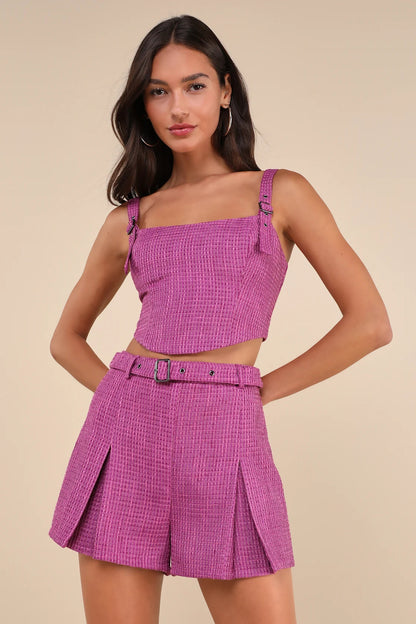 Bold Cutie Purple Tweed Buckle Strap Crop Tank Top