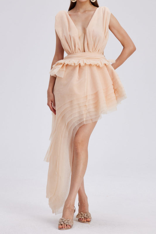 Bosmat Ruch Mesh Asymmetric Mini Dress In Apricot