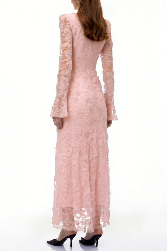 tracy Pink 3D-Floral Embroidered Lace Maxi Dress
