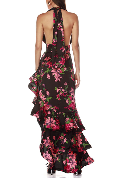 georgia floral print halter ruffle Maxi Dress in black