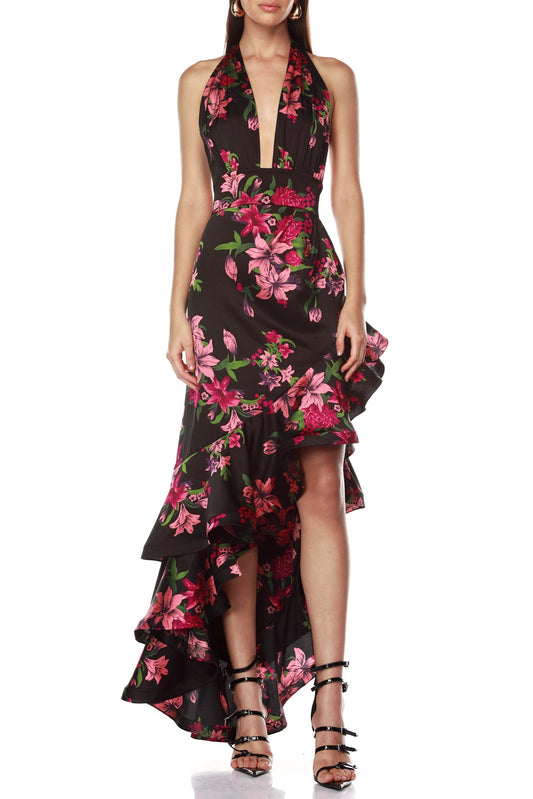 georgia floral print halter ruffle Maxi Dress in black