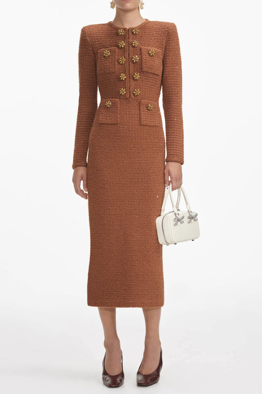 braided-edge tweed midi dress in brown