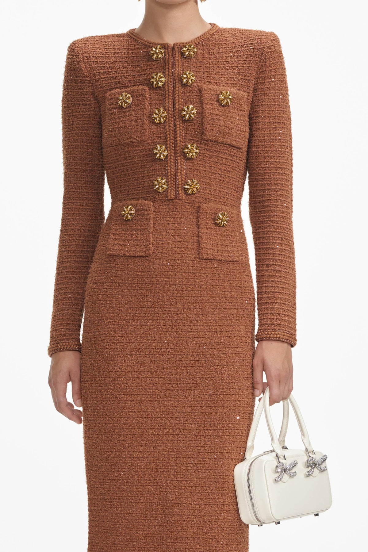 braided-edge tweed midi dress in brown