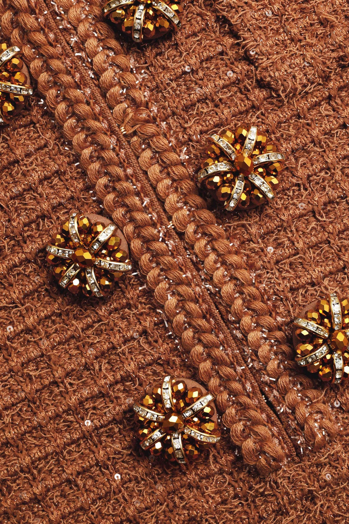 braided-edge tweed midi dress in brown
