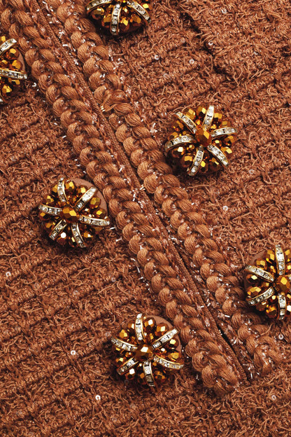 braided-edge tweed midi dress in brown